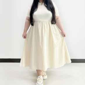 (88-130) 퓨어 허리잘록 밴딩 반팔 원피스 빅사이즈 스판 바스락 플레어 베이직