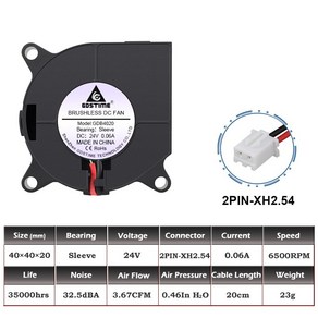 캠핑카환풍기 카라반배기팬 비닐하우스 2Pcs Gdstime 40mm 3D 프린터 송풍기 팬 x 20mm 4020 터보 DC 24V 12V 5V 듀얼 볼 베어링 냉각 4cm, 06 24V Sleeve