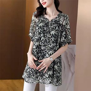 WZC 중년여성 여름 롱 블라우스 루즈핏 잎패턴 반팔 상의 엄마 40-60대 L~6XL