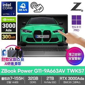 HP 모바일 워크스테이션 노트북 ZBook Powe G11-9A663AV TWKS7 32GB 2TB RTX3000Ada U7-155H 터치스크린, WIN11 Po, 1TB, 실버