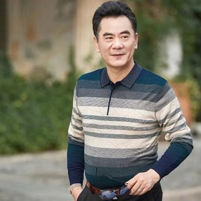 중년 남성 긴팔 티셔츠 빅사이즈 패션 아빠복 터틀넥 상의 긴팔티 캐주얼 남자 루즈핏 카라넥 스트라이프 폴로 티셔츠 QXX