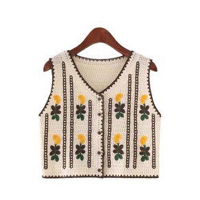 여성용 여름 브이넥 자수 베스트 캐주얼 민소매 숏 니트 조끼 카디건 상의 Women's Knitted Vest