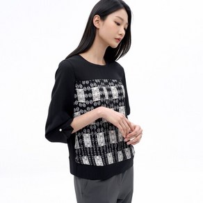 [지센] 체인 플리츠 배색 7부 블라우스 LFWSN313_BK