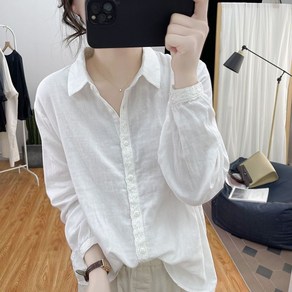 COBOTOR 여성 면마 셔츠 봄 여름 가을 캐주얼 베이직 긴소매 빈티지 심플 무지 여자 남방 상의 women linen shirt XK0581