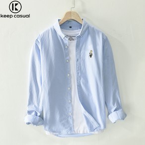 Keep Casual 남성 면 캐주얼 곰돌이 자수 긴팔 셔츠