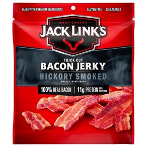 Jack Link's 베이컨 육포 히코리 훈제 2.5oz. 가방 100% 두꺼운 컷 리얼 베이컨으로 11g 단백질 맛있는 바로 먹 수 있는 고기 스낵 트랜스 지방, 1개