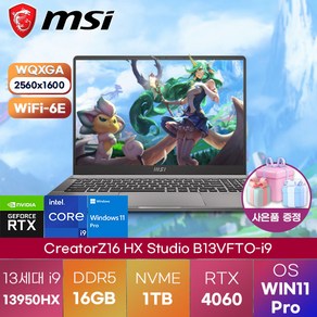 MSI노트북 윈도우 11 프로 크리에이터 Z16 HX Studio B13VFTO-i9 가성비 노트북 게이밍 노트북, WIN11 Po, 16GB, 1TB, 코어i9, 그레이