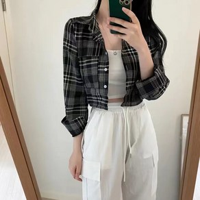 쪼예 데일리 체크 카라 크롭 긴팔 셔츠 남방