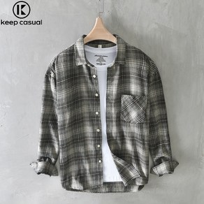 Keep Casual 빈티지 남성 캐주얼 긴팔 스트라이프 체크 면 루즈핏 셔츠 남 코트