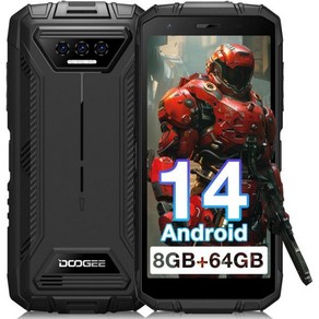 DOUGEE S41T 러기드 P폰 잠금 해제 2024 안드로이드 14 6300mAh 배터리 8GB+64GB 4G 듀얼 심 스마트폰 1 300만 화소 카메라 IP68 방수, Black, 64GB, 64GB