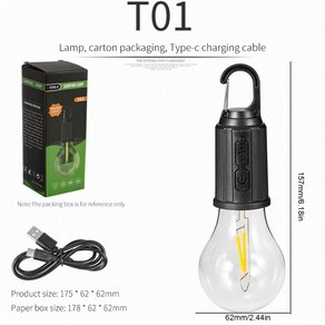 휴대용 캠핑 조명 600mAh 손전등 C타입 충전식 야외 미니 랜턴 후크 비상 작업 램프 10 개, 01 CHINA, 09 62mm