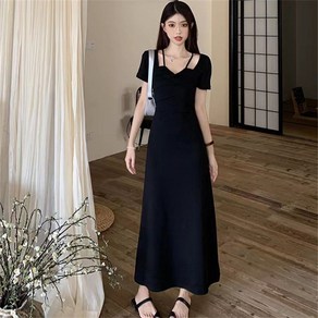 besteffie 고급스러운 여성 여름 코디 롱 원피스 클래식 단톤 슬림핏 스퀘어넥 반팔 심플 매력적인 여자 그레스 Q55