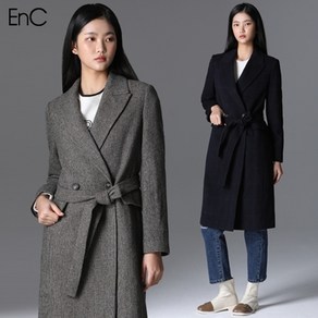 EnC [EnC] 데리 체크 벨티드 울 롱코트