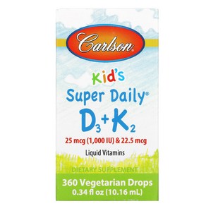 Calson Labs 어린이용 Supe Daily D3＋K2 25mcg(1 000IU) 22.5mcg 10.16ml(0.34fl oz), 1개, 240정