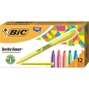 BIC 브라이트 라이너 하이라이터 끌 팁 모둠 색상 12개 팩 정리 및 채색에 이상적인 세트, Assoted Colos_12 Count (Pack