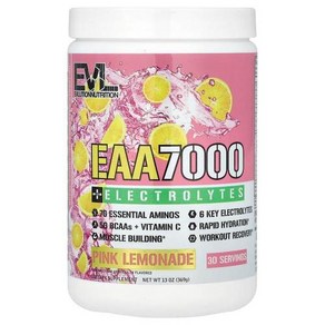 EVLution Nutition EAA 7000 + 전해질 핑크 레모네이드 369g(13oz), 1개, 369g