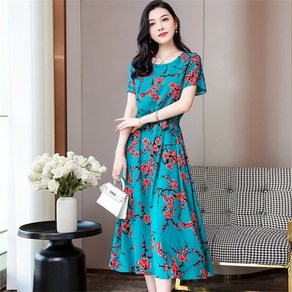 besteffie 봄여름 플라워 프린트 여성용 허리끈 디자인 반팔 원피스 우아한 캐주얼룩 데일리 엄마 패션 롱드레스 K12