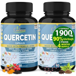 2 팩 Quecetin 캡슐 1900mg 4 개월 공급 심황 Bebeine Stinging Nettle Black Seed Black Peppe 지원 심혈관 건강 면역 시스템 지원, 2개, 60정