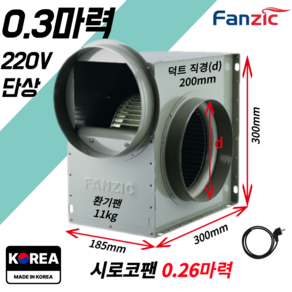 팬직 소형 시로코팬 0.3마력 덕트 200mm 단상 220V TFB-F19DS+코드선 2M 포함, 본품(배터리없음), 1개