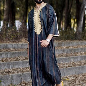 Striped Muslim Men Long Dress Islamic Caftan Robe Fashion Embroidered Jubba Thobe Kaf [S00102715]