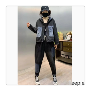 티피/Teepie 데님 정장 여성 가을 새 코트 느슨한 하렘 바지 캐주얼 스포츠 투피스 세트