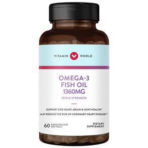 Vitamin Wold Tiple Stength Omega 3 Fish Oil 136 비타민 월드 트리플 스트렝스 오메가 3 피쉬 오일 1360mg 보충제 EPA 및 DHA, 1개, 60정