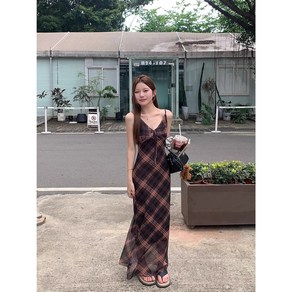 ANYOU 미국식 빈티지 체크 나시 원피스 여 봄여름 스트링 슬림핏 극미 원피스