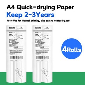 Peipage A4 감열지 롤 A40 프린터 인쇄용 빠른 건조 장시간 사진 그림 PDF, 없음, 4) 4Rolls Quick-dy