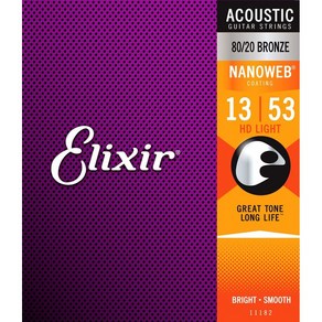 [해외] ELIXIR 11182 ACOUSTIC 80/20 Bonze NANOWEB HD LIGHT 13-53어쿠스틱 기타 줄×6SET:악기·음향 기, 단일옵션