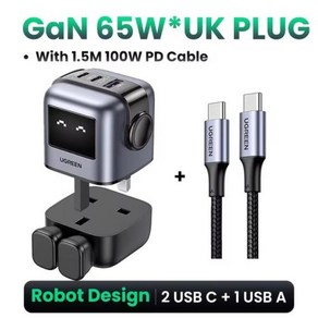 UGREEN 로봇 디자인 고속 충전 4 0 3 0 PPS 65W GaN 충전기 15 14 13 프로 노트북 태블릿 PD, [02] With 1.5 100W Cable, 없음, 1개