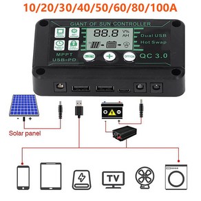 MPPT 태양광 충전 컨트롤러 듀얼 USB 포트 LCD 디스플레이 태양 전지 패널 배터리 레귤레이터 100A 80A 60A 50A 40A 30A 10A 12V, 1개