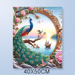 보석십자수 캔버스형 DIY 액자형 40x50cm 재부 백공작 모란꽃 3D 대형 다이아몬드페인팅 대형 구슬십자수 행운 거실 인테리어 그림, 1개, 백공작06