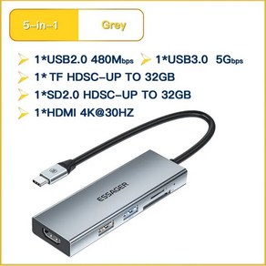 Essage USB C 허브 HDMI-4K 도킹 스테이션 스플리터 노트북용 어댑터 3.0 C타입 5 in 1, [01] Space Gey, 한개옵션1