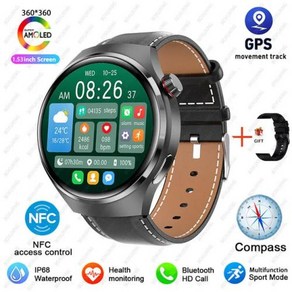 GT4 프로 GPS NFC 스마트 워치 360360 화면 심박수 블루투스 통화 IP68 방수 남자 스마트워치 2024, 없음, 없음, 3) Black leathe - NFC Watch G