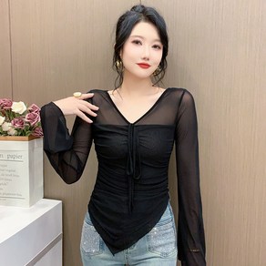 댄스복 상의 여성용 브이넥 망사 슬림 스트링 스판 티셔츠 Women's T-shit 뉴타임즈 A288Z282