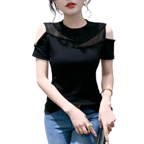 댄스복 상의 여성용 망사 패치 오프숄더 비즈 반팔 티셔츠Women's T-shirt 뉴타임즈 L752A533