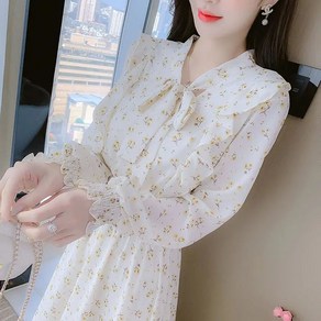 라운드넥 플라워 원피스 여성용 봄신상 캐주얼 롱 드레스