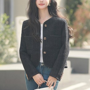 새로이 여성 트위드 자켓 정장 봄 가을 라운드넥 노카라 라운드 숏 10