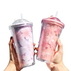 500ML 벚꽃 아이스 텀블러 빨대 포함, 핑크, 1개