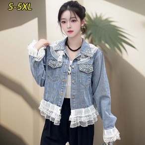 WEIHAN 여성 레이스 패치 숏 데님 코트 캐주얼 청자켓 봄가을 패션룩 간절기 데님자켓