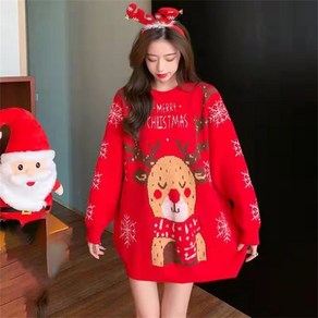 besteffie 여성 니트 스웨터 봄 가을 라운드넥 오버핏 크리스마스 캐릭터패턴 레터링 패션 편한 캐주얼 데일리 풀오버 빅사이즈 겨울 니트상의 C27