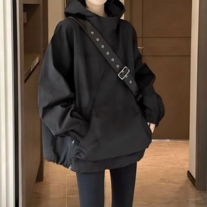haitua 여성 캐주얼 루즈핏 바람막이 사선 집업 후드 코트 이중 안감