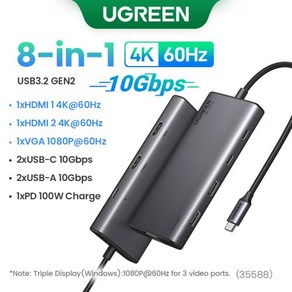 UGREEN 트리플 디스플레이 USB 분배기 USB-C to 2x HDMI DP 4K60Hz 10Gbps USB3.2 Gen2 USB-A 및 C 포트 PD100W 도킹 스테이션 R, 2HDMI 1VGA