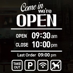 뭉키데코 오픈클로즈 영업시간스티커 시트지컷팅 유리스티커_001_Come in we ae OPEN, 화이트