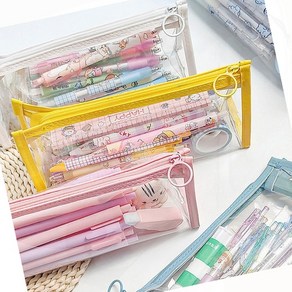 필통 투명 사각 수납 문구 학생 PVC 작은 파우치 캔버스, 1개, 핑크