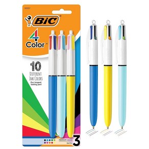 BIC 4색 볼펜 미디엄 포인트(1.0mm) 다양한 색상의 펜 1세트에 4가지 색상 3개입 팩 학용품용 펜 (펜 배럴 색상은 다를 수 있음)