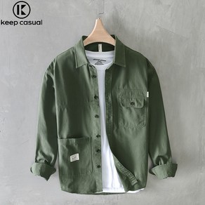 Keep Casual 남자 캐주얼 면 긴팔 셔츠 루즈핏 카고 남