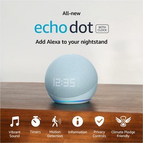 Echo Dot(5세대 2022년 릴리스) 시계와 알렉사가 스마트 스피커 클라우드 블루, 기본