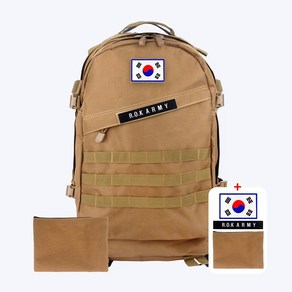 군인가방 45L 브라운 + 흰색 태극기 + R.O.K ARMY 패치 +파우치 - 밀리터리 남자 학생 출타 배낭 헬스 여행 등산 캠핑