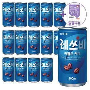 코스트코 레쓰비 마일드 캔커피 200ml X 15캔 + 더메이런알콜티슈, 15개